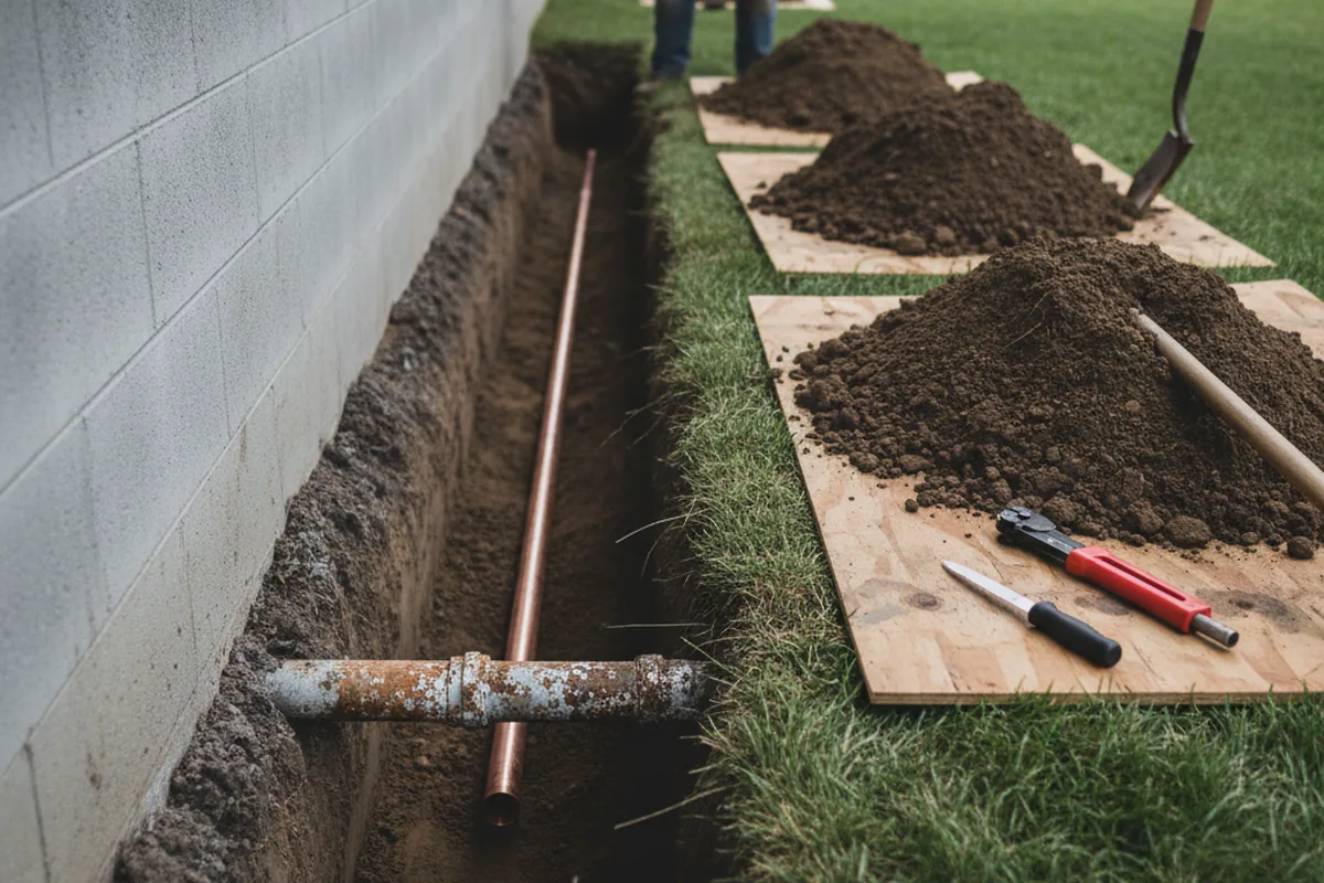 Excavated water line trench during Sewer Line Repair in Leland
